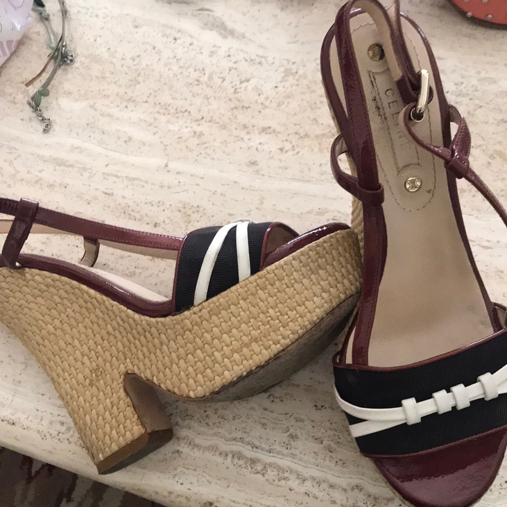 Celine red/ tan patent leather wedges